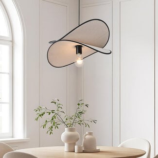 Sapca pendant lamp design, White linen with black accents