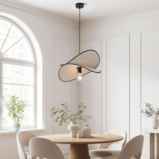 Sapca pendant lamp designer lighting, white linen with Black accents