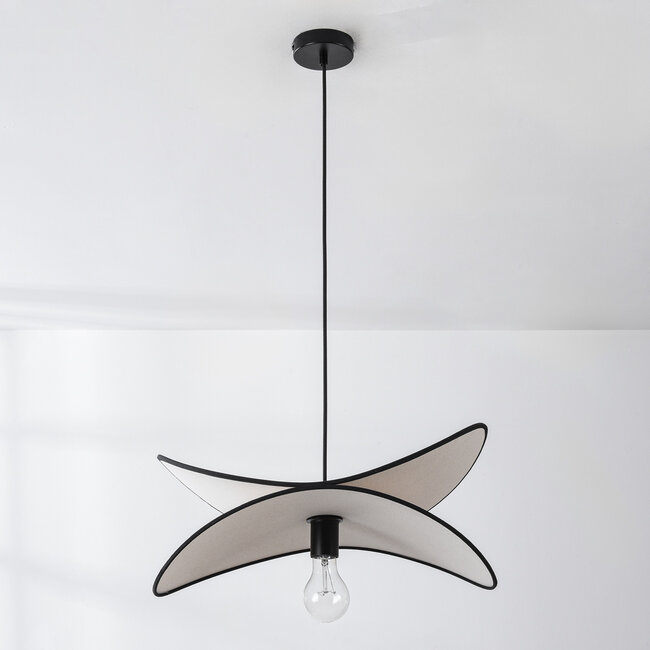 Designer pendant light Sapca, white linen with black accents