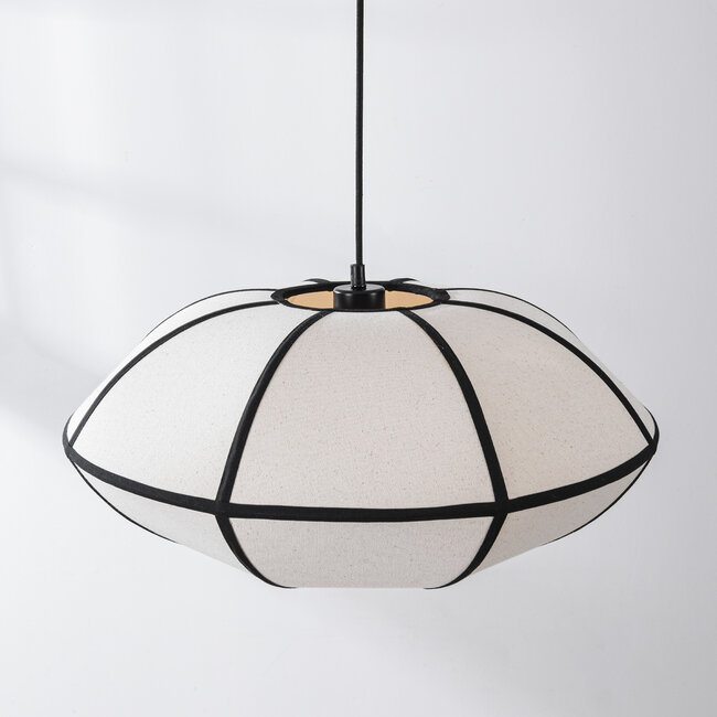 Minimalist linen pendant lamp Ovala - white with black accents