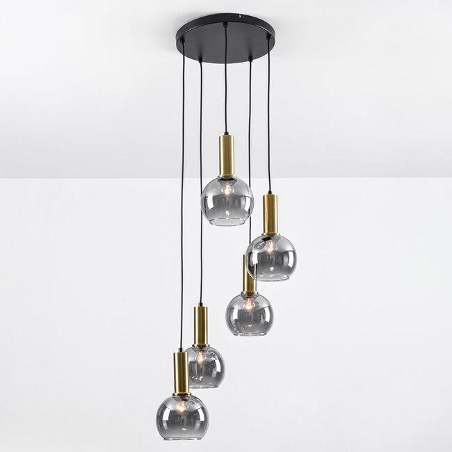 Imme 5-light pendant light  - gold with smoked glass