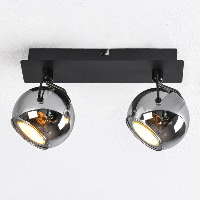 Modern ceiling lamp with smoked glass and 2 spotlights, black - Jari