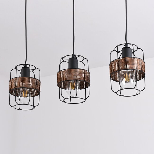 Industrial pendant light Hira - black with woven rattan