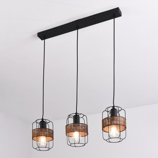 Industrial pendant light Hira - black with woven rattan