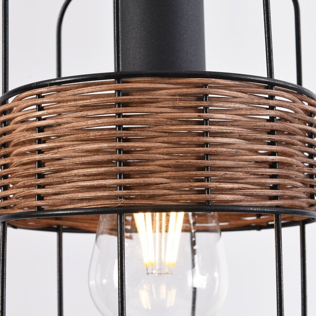 Industrial pendant light Hira - black with woven rattan