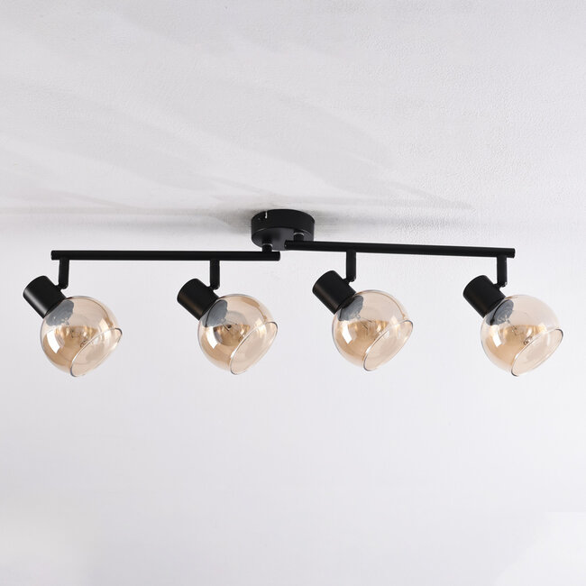 4-light ceiling light Pela - amber glass and black with adjustable spotlights