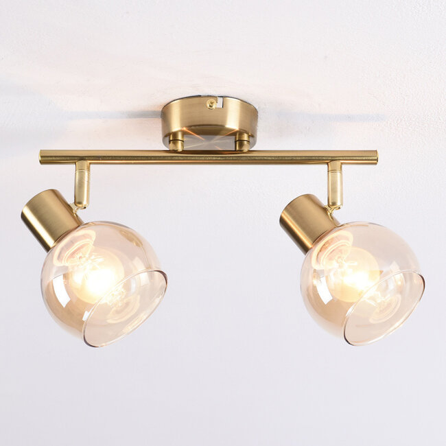 2-light ceiling lamp in brass gold and amber glass - Phiene
