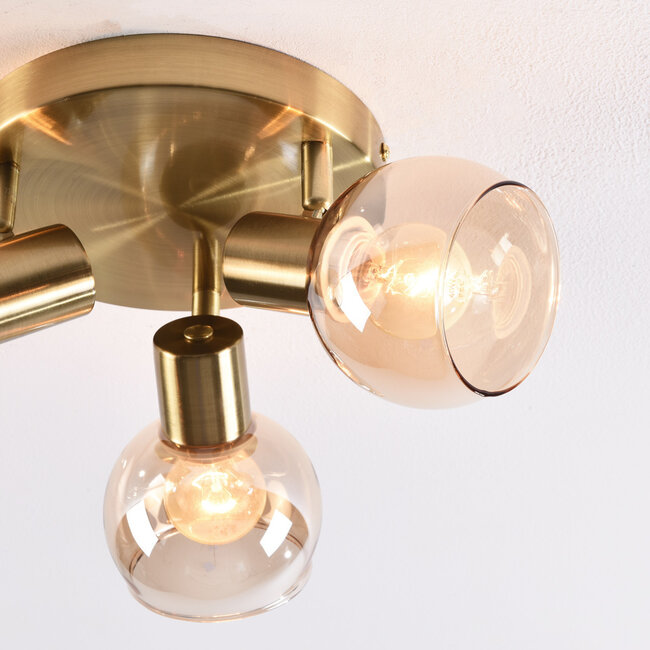 Peri ceiling lamp with Amber glass and 3 spotlights