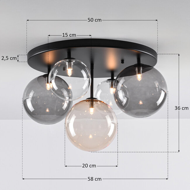 Lumose 5-light ceiling lamp with various glass spheres