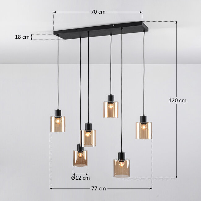 Black Palaio pendant lamp with Amber glass, 6-light