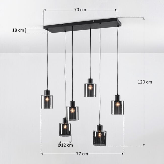 Palaio 6-light pendant light - black with smoked glass