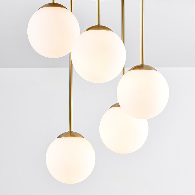 Round ceiling lamp in Gold with Opal white glass, 5-light - Carat