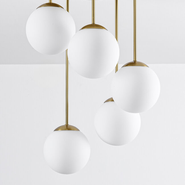 Round ceiling lamp in Gold with Opal white glass, 5-light - Carat