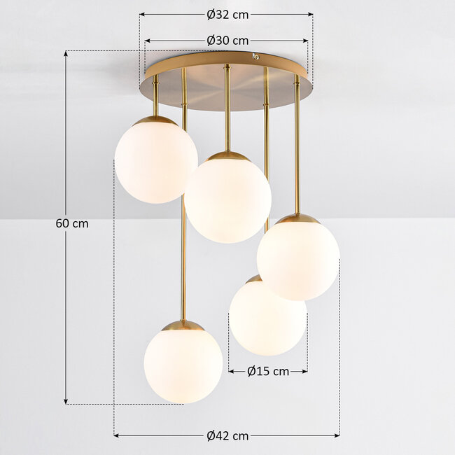 Round ceiling lamp in Gold with Opal white glass, 5-light - Carat