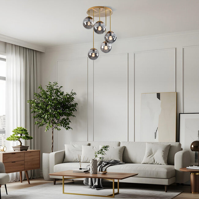 Round ceiling lamp gold with smoked glass, 5-light - Carat