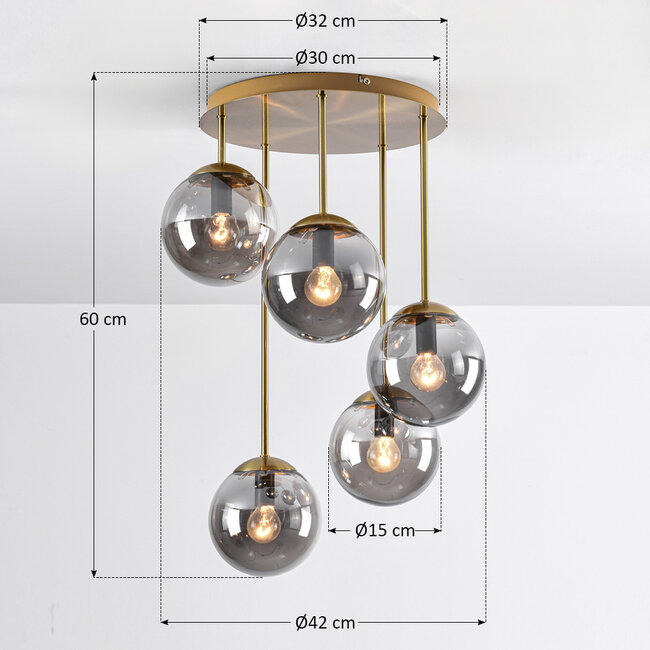 Carat 5-light ceiling light - gold with smoked glass