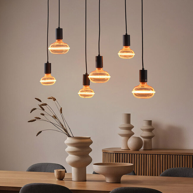 4W dimmable UFO filament bulb E27, Ø13 cm, 1800K, Amber glass with horizontal ring