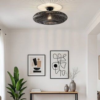Boho-chic ceiling lamp Yuan in hand-woven bamboo, black