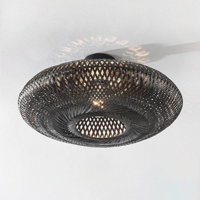 Boho-chic ceiling lamp Yuan in hand-woven bamboo, black