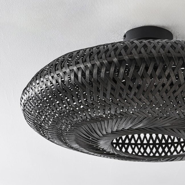 Boho-chic ceiling lamp Yuan in hand-woven bamboo, black