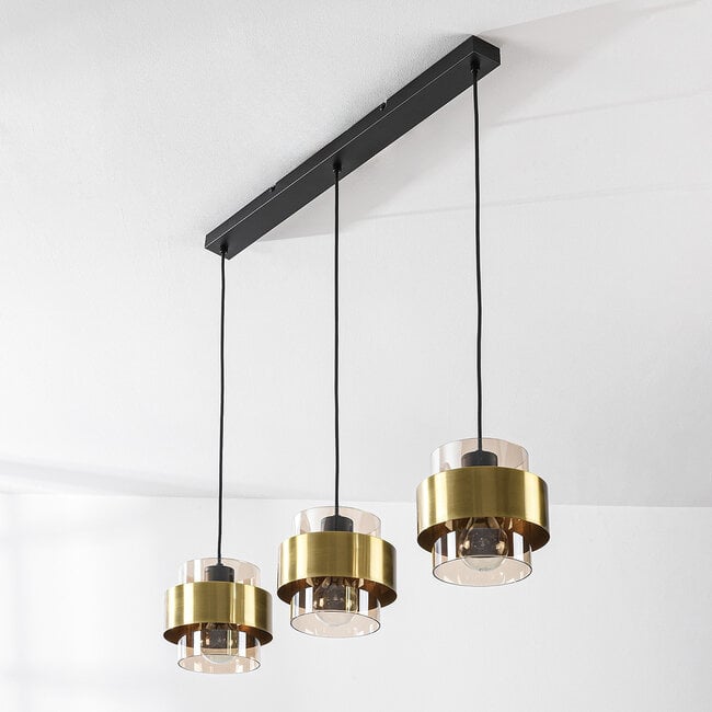 3-light pendant light Faey - black with amber glass