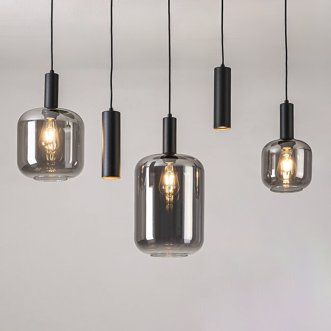 Modern pendant lamp Yoku Black with smoked glass, 5-light