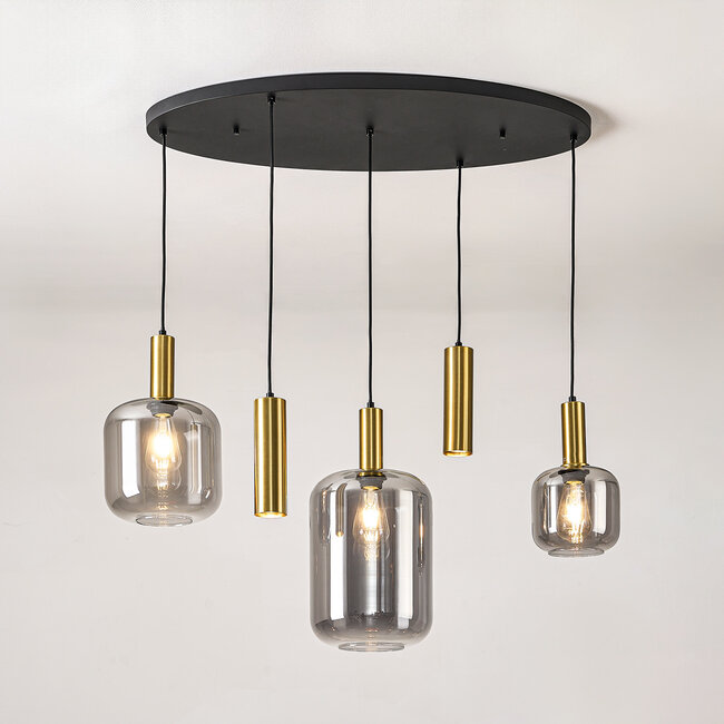Pendant light Yoku with smoked glass and brass-gold details, 5-light