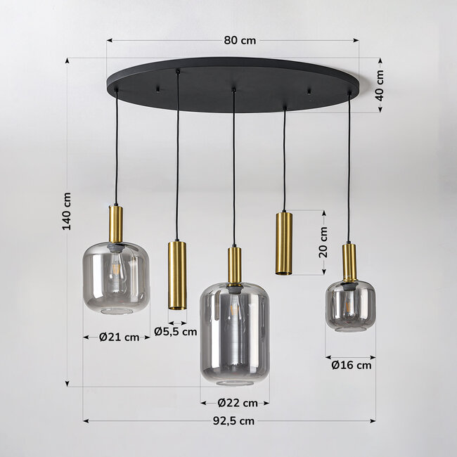 5-light pendant light Yoku - gold with smoked glass