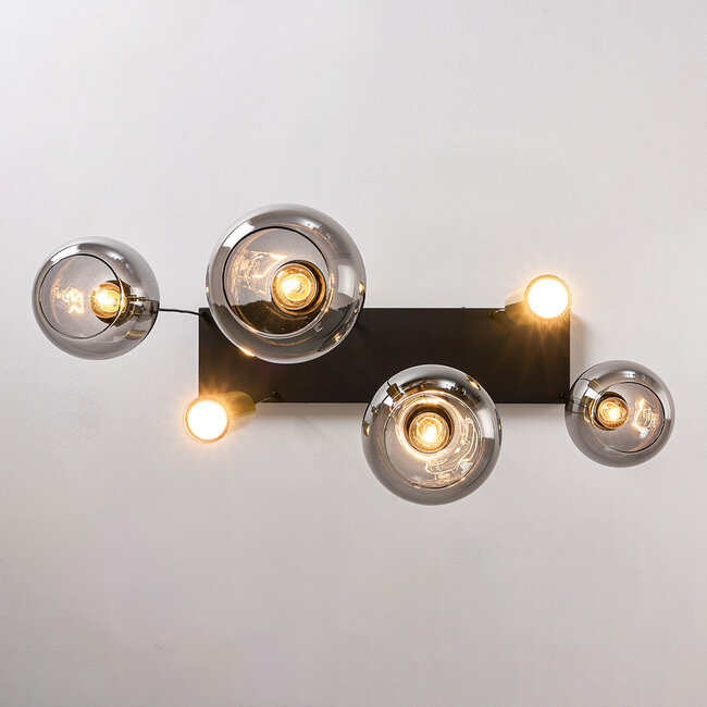 6-light designer pendant lamp Doku with smoked glass and gold brass details