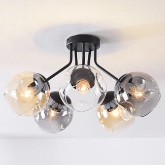 Ceiling light Ljus with 5 glass spheres – smoked glass, amber and clear glass