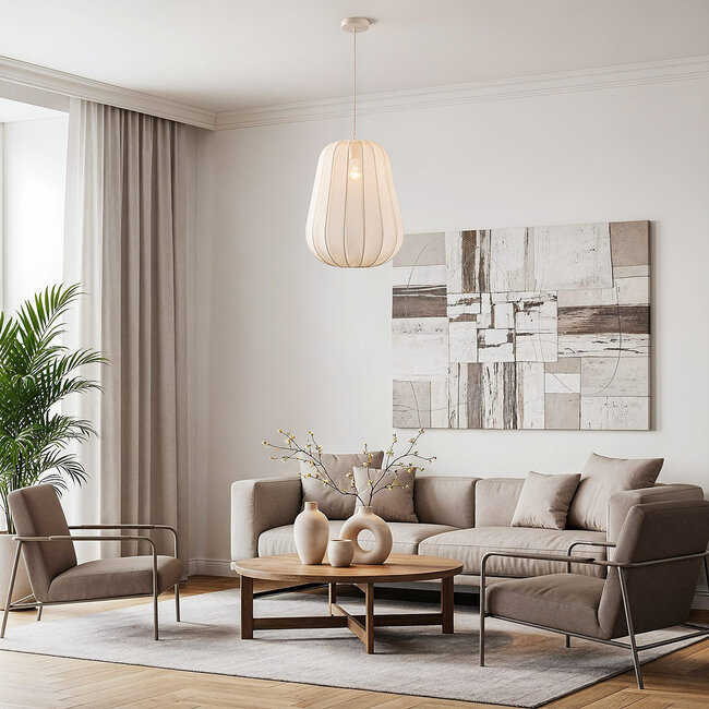 Fabric pendant light Mousa – Japandi style with teardrop-shaped light beige shade