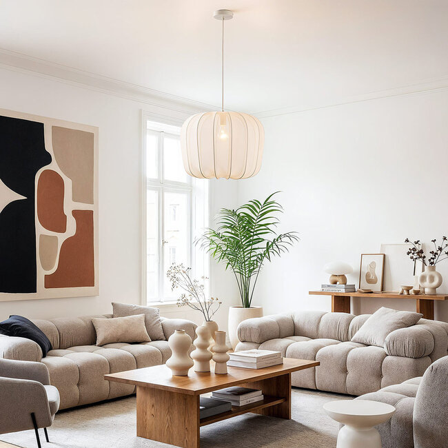 Wivra fabric pendant lamp – Japandi style with light beige shade in a soft square shape