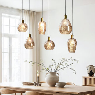 Pendant light Nilo – 6-light amber glass with curved glass