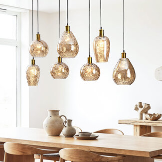 Nilo pendant lamp – 7-light Amber glass with bulge