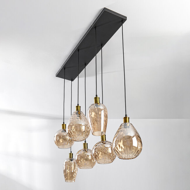 Pendant light Nilo – 7-light curved amber glass