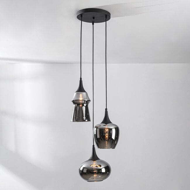 3-light pendant light Zian - black with smoked glass and mirror effect