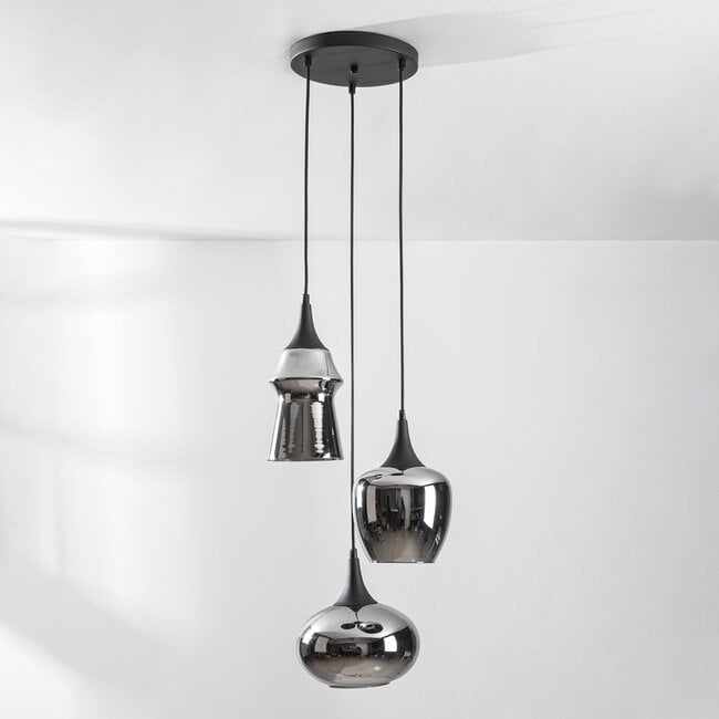3-light pendant light Zian - black with smoked glass and mirror effect