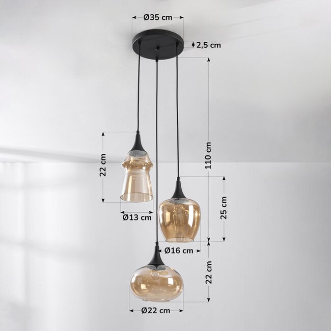 3-light pendant light Zian - black with amber glass in various shapes