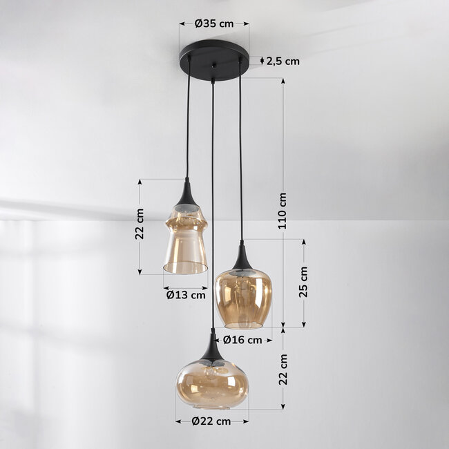 Designer lighting pendant Zian – 3-light black with amber glass in various shapes