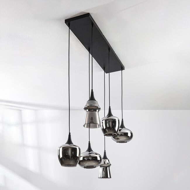6-light pendant light Lior - black with smoked glass and mirror-effect shades in various shapes