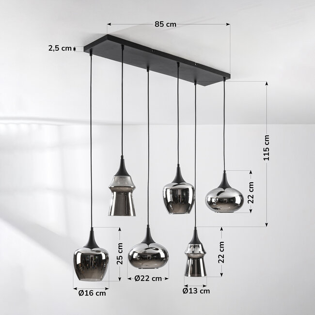 6-light pendant lamp Lior Black with smoked glass and Mirror effect shades in various shapes