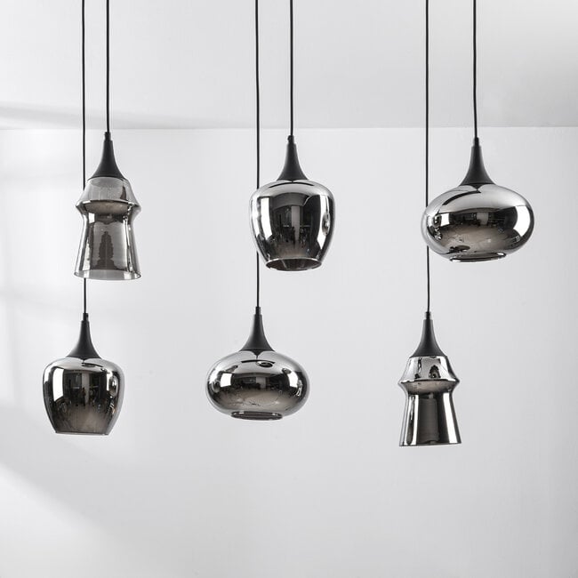 6-light pendant light Lior - black with smoked glass and mirror-effect shades in various shapes