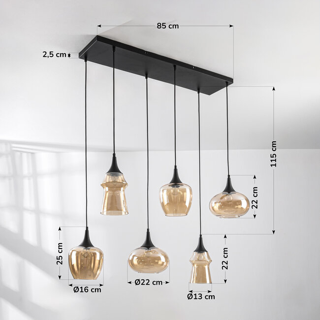 6-light pendant lamp Lior Black with Amber glass in various shapes