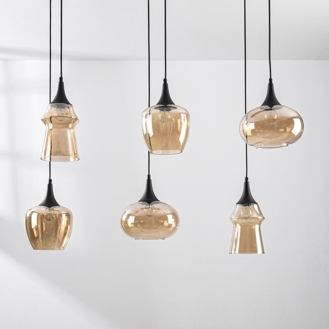6-light pendant light Lior - black with amber glass in various shapes