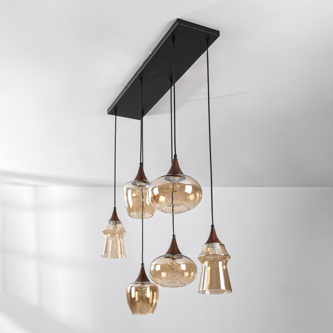6-light pendant light Lior black - wood look and amber glass in various shapes