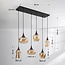 Lior pendant lamp in black with wood effect and amber glass in various shapes – 6-light