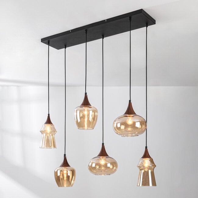 6-light pendant light Lior black - wood look and amber glass in various shapes