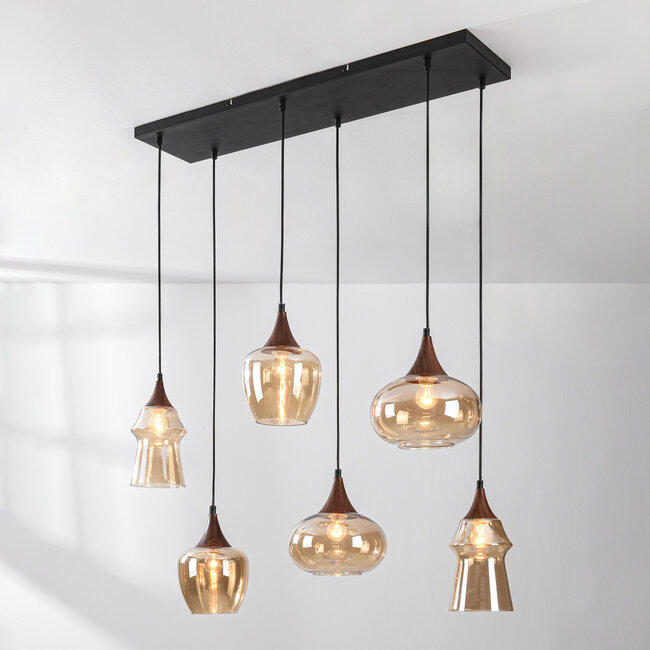 Pendant light Lior black with wood effect and amber glass in various shapes – 6-light