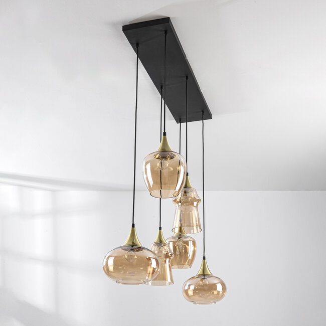 Lior pendant lamp in Gold with Amber glass in various shapes – 6-light