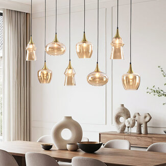 Pendant light Cael gold with amber glass in various shapes – 8-light